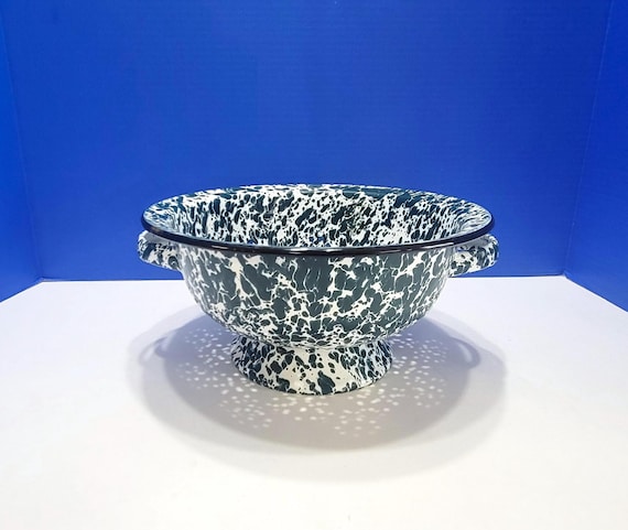 Vintage Green and White Splatter Enamelware Colander