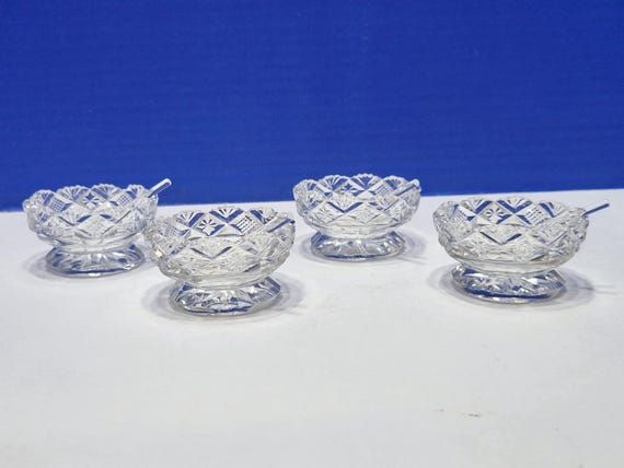 Vintage Crystal Pedestal Salt Cellars with Spoons Set of 4