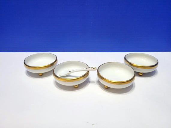 Antique MZ White Porcelain Footed Salt Cellars with Spoon Lot of 4