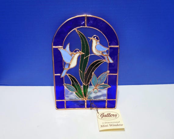 Vintage Stained Glass Blue Birds on Flower 3D Window Suncatcher