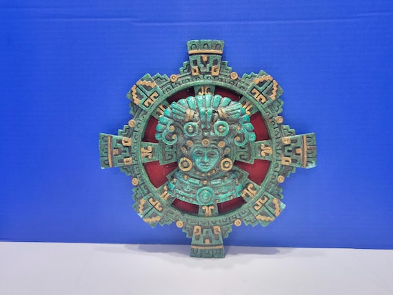 Vintage Aztec Green Sun Stone Ancient Calendar Wall Hanging