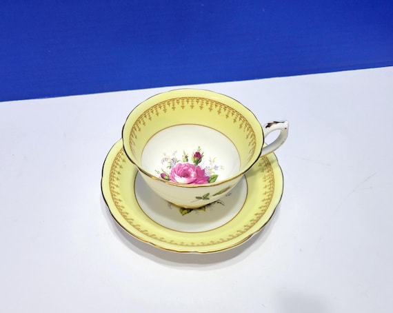 Vintage Hammersley Yellow Tea Cup and Saucer with Pink Rose English Bone China