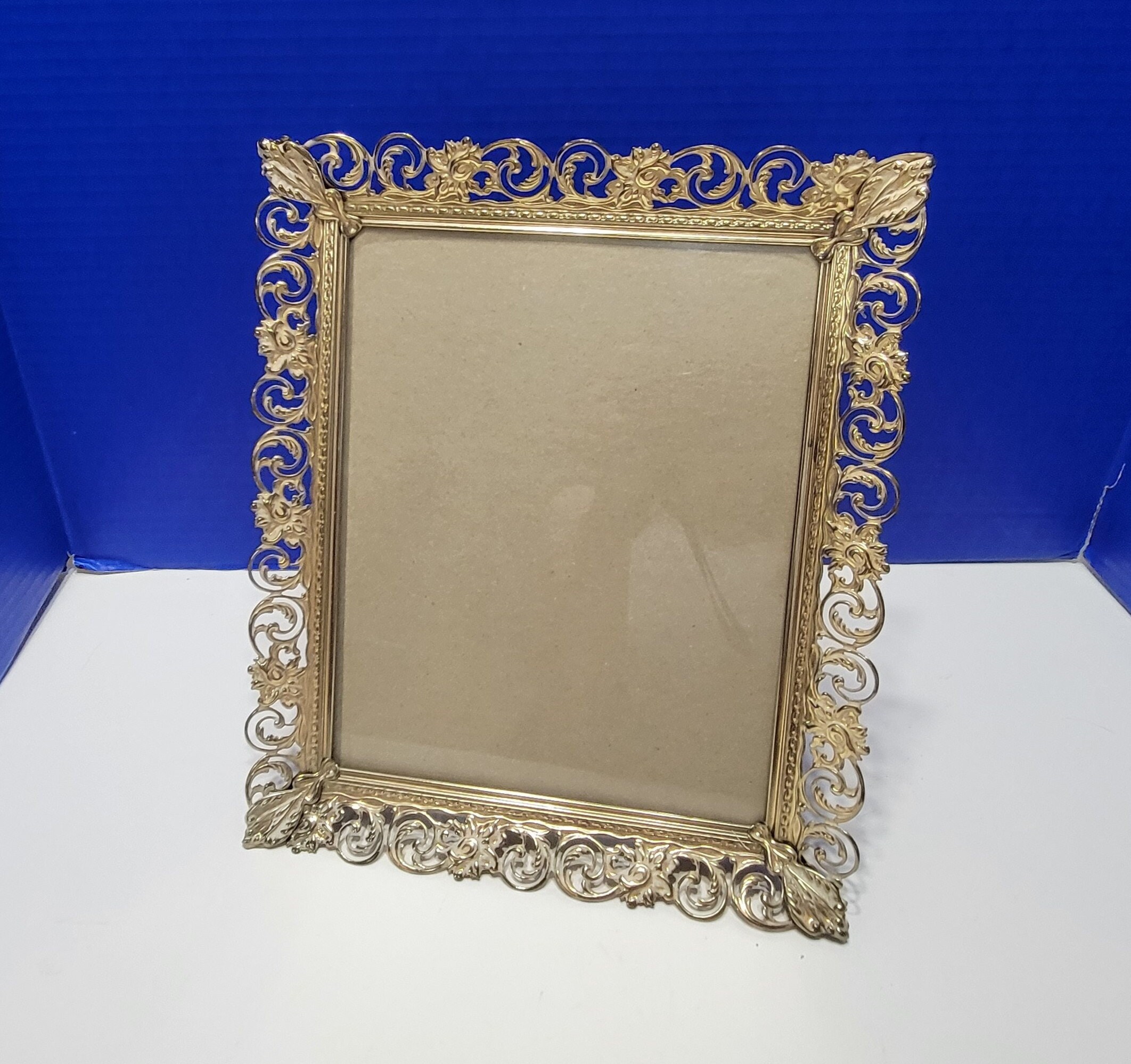 Vintage Metal Picture Frame Gold Floral Filigree Lace 9.5 x 7.5