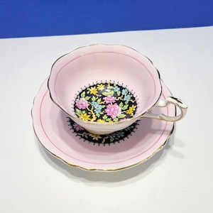 Vintage Paragon Pink and Black Double Warrant Tea Cup and Saucer