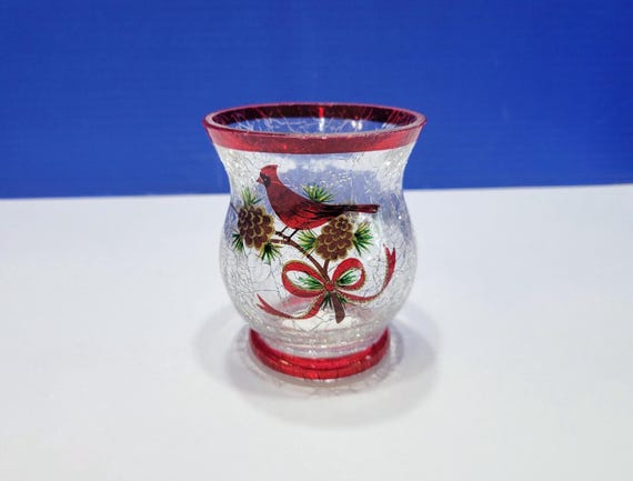 Vintage Crackle Glass Cardinal Bird Tea Light Candle Holder