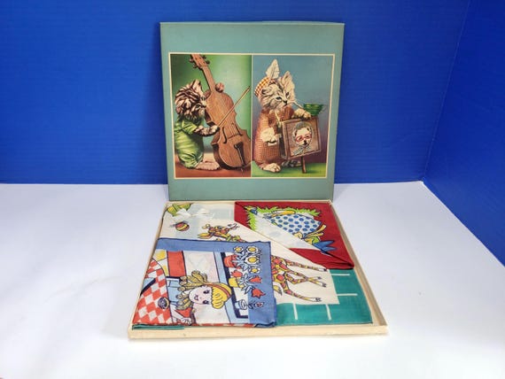 Vintage Children's Hankies New Old Stock in Kitty Cat Box