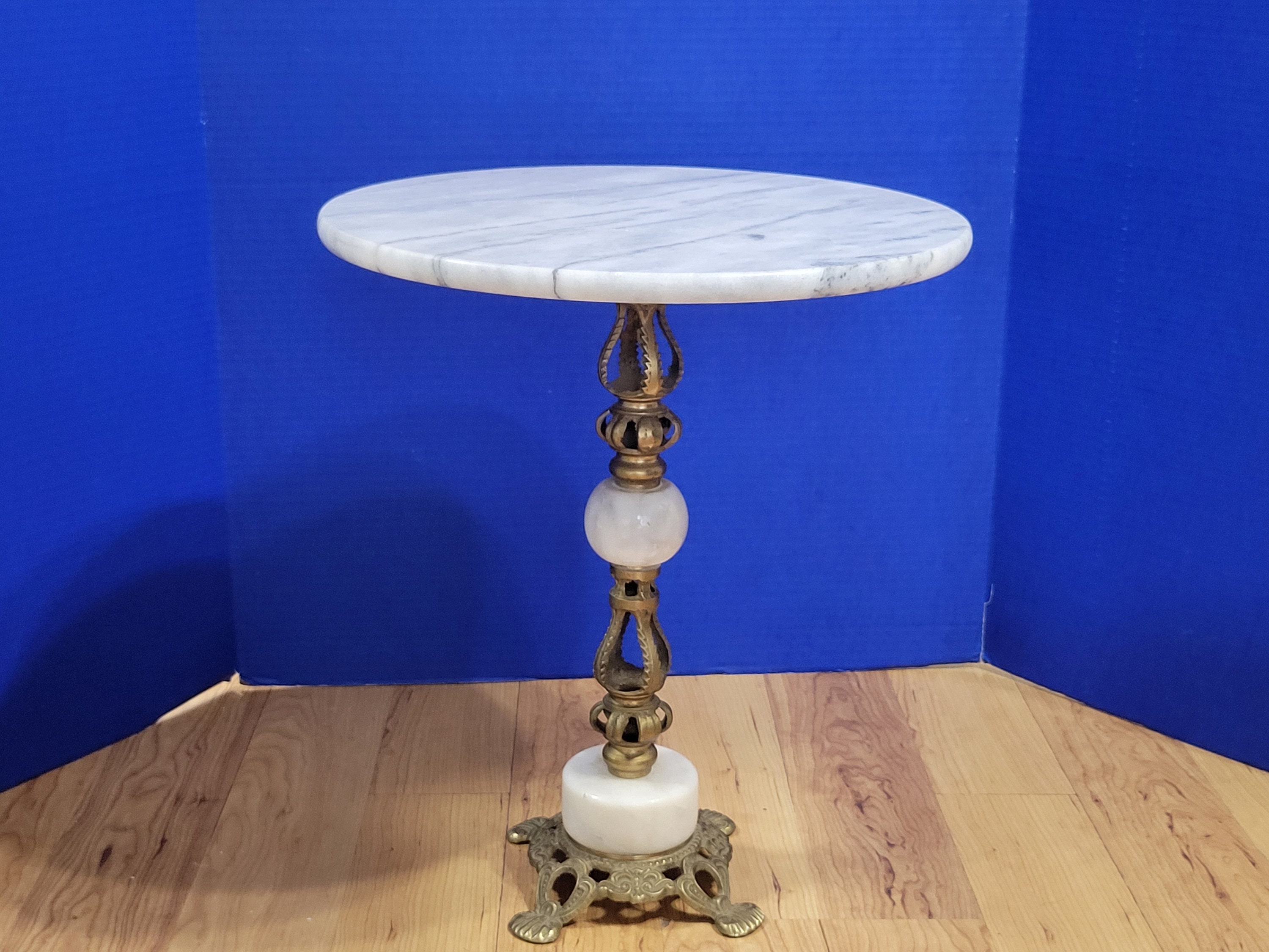 Antique Round Marble Top Side Table Brass Filigree Base