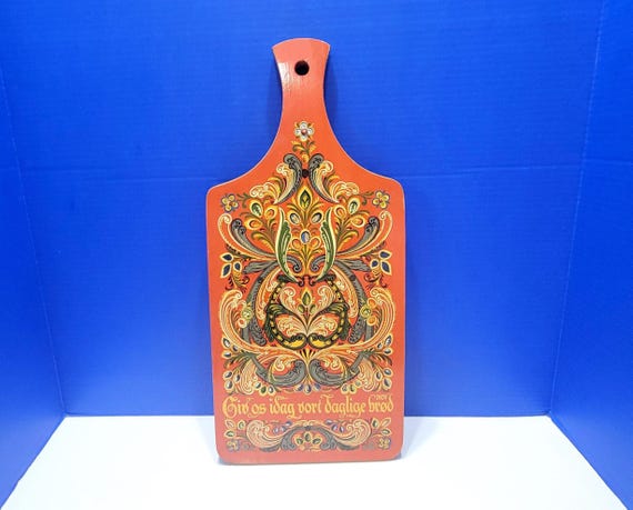 Vintage Norwegian Orange Wood Cutting Board with Painted Rosemaling