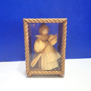 Vintage Corn Husk Folk Art Doll in Glass Shadow Box