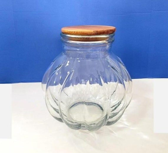 Vintage Large Clear Glass Potbelly Jar with Wood Lid