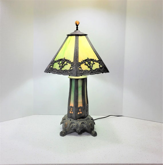 Green Slag Glass Table Lamp, Bridge Lamp Slag Glass Shade