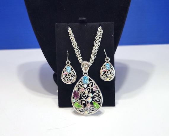 Vintage Teardrop Pendant and Earrings with Colorful Rhinestones Set