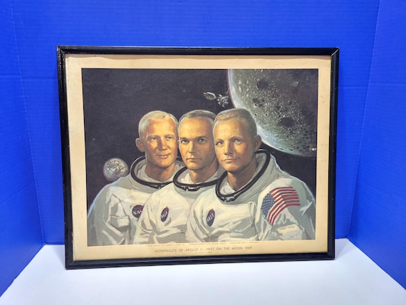 Vintage 1969 Framed Cardboard Lithograph of Astronauts of Apollo 11 Moon Landing