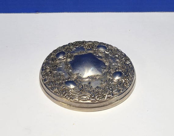 Vintage Silverplate Ornate Hand Held Round Pocket Mirror Repousse Filigree