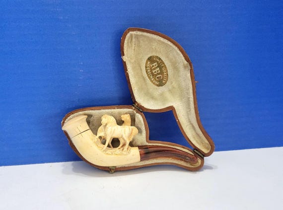 Vintage Meerschaum Pipe with Carved Horses in Case