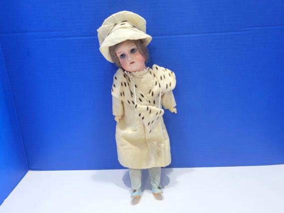 Antique German Bisque Doll in White and Black Outfit with Muff