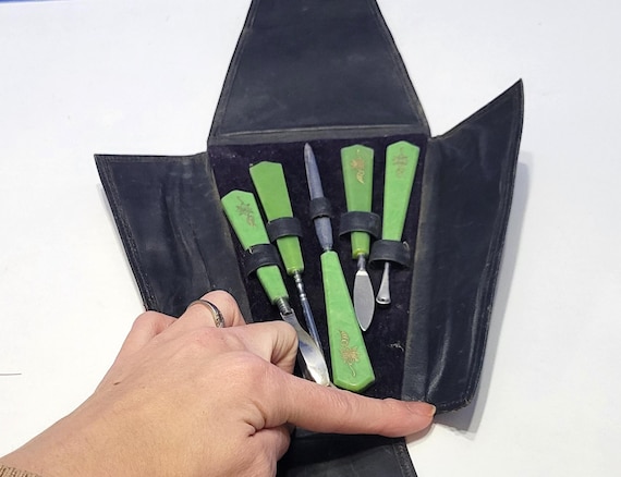 Antique Manicure Grooming Kit with Green Handles