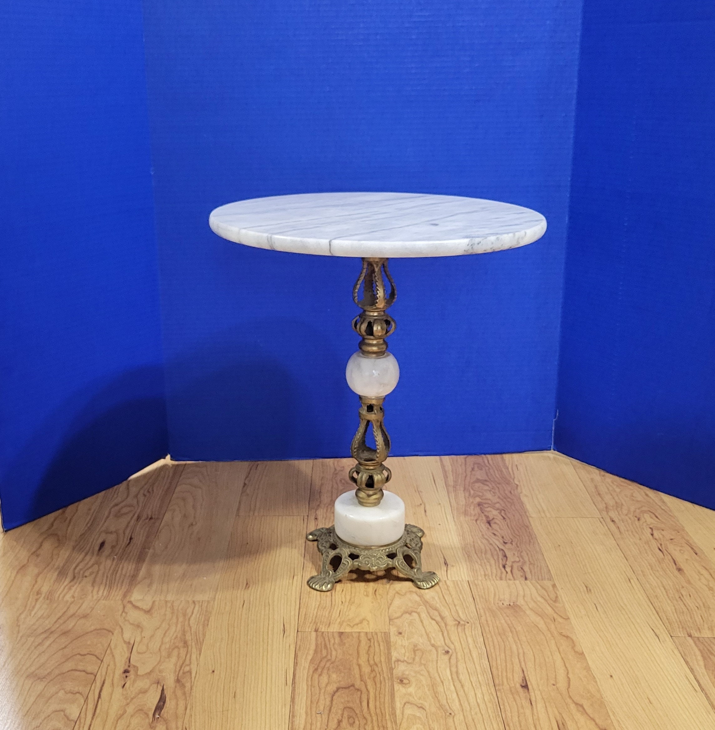 Antique Round Marble Top Side Table Brass Filigree Base