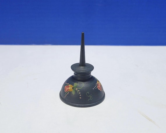 Vintage Miniature Oil Can Hand Painted Blue with Roses