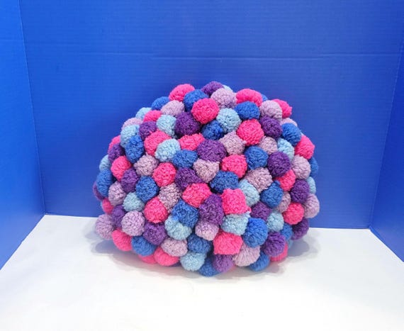 Vintage Yarn Pom Pom Round Throw Pillow Blue, Pink, and Purple