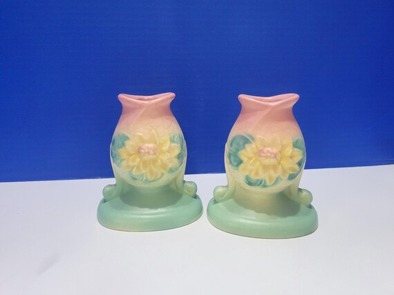 Vintage Hull Pottery Water Lily Candlestick Holder Pair