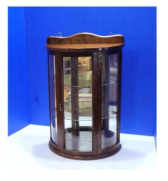 Vintage Miniature Wood Curved Glass Curio Style Display Cabinet