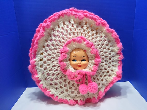 Vintage Handmade Pink Doll Face Round Pillow