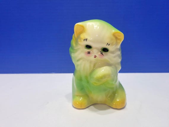 Vintage Green Ceramic Cat Planter with Raised Paw