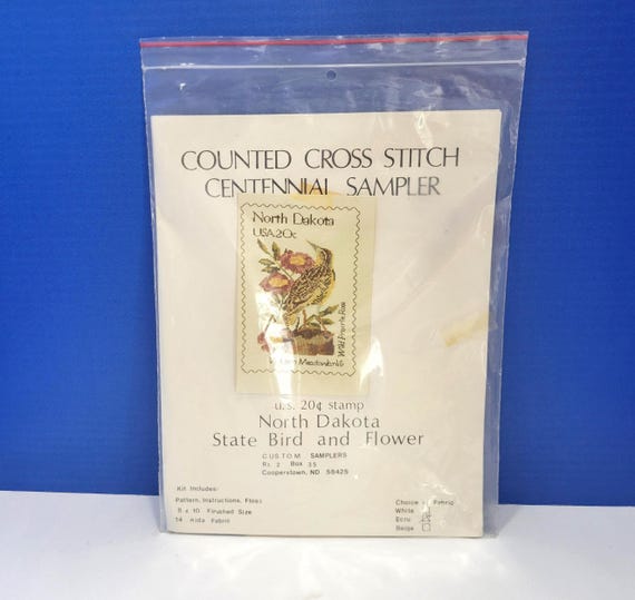 Vintage North Dakota State Bird and Flower Postage Stamp Cross Stitch Kit