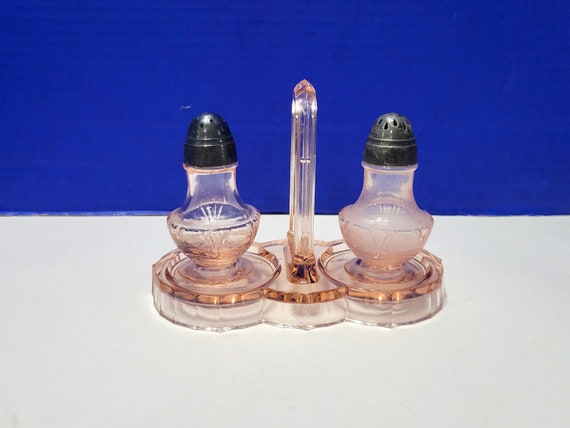Vintage Pink Depression Salt and Pepper Shakers in Caddy Carrier