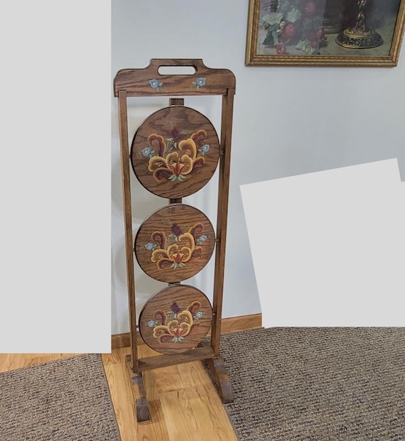 Vintage Large Three Tier Folding Wood Pie Plant Stand with Norwegian Rosemaling