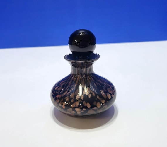 Vintage Black Glass Perfume Bottle with Iridescent Gold
