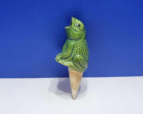 Vintage Realistic Green Frog Ceramic Plant Watering Spike
