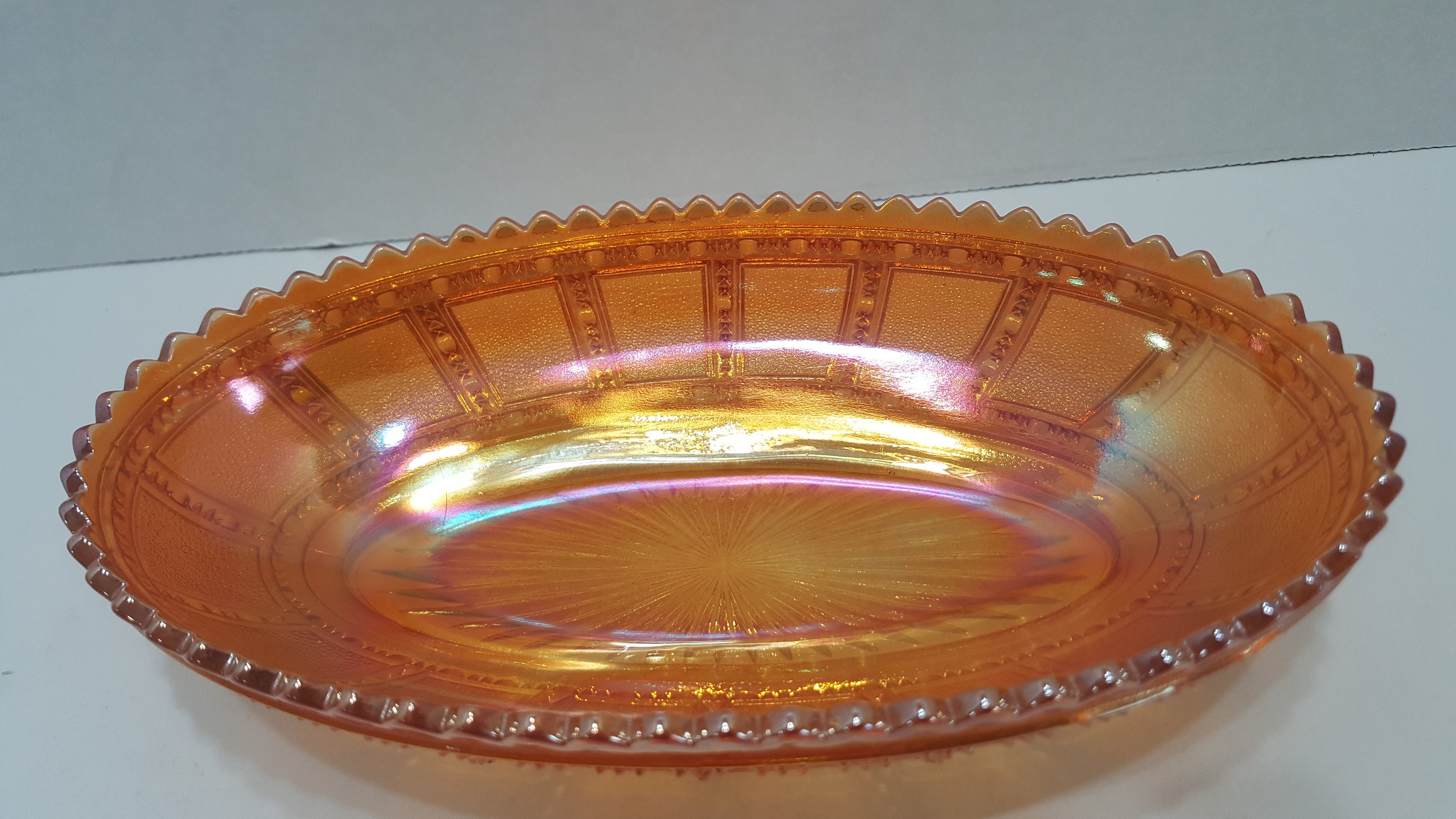 Vintage Orange Marigold Carnival Glass Pickle Dish Oval Bowl