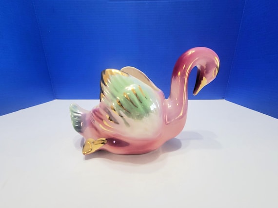 Vintage Pink Flamingo Swan Colonial China Iridescent Planter