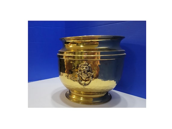 Vintage Large Round Hammered Brass Lion Head Planter