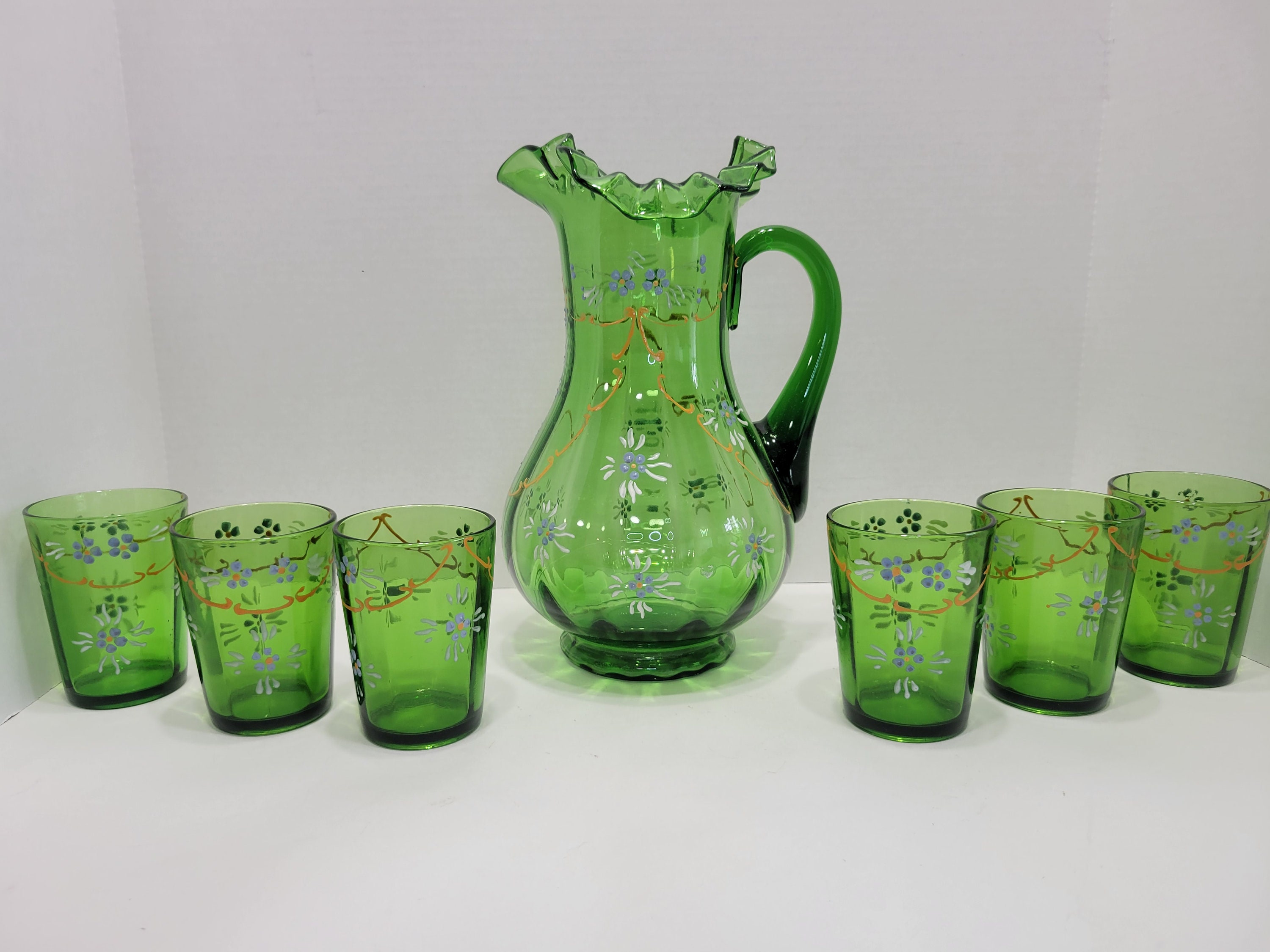 Vintage Green Depression Glass Pitcher Set With 6 Glasses Hand Etsy