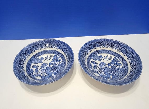 Vintage Churchill Blue Willow Cereal Bowls Pagoda Pattern Pair
