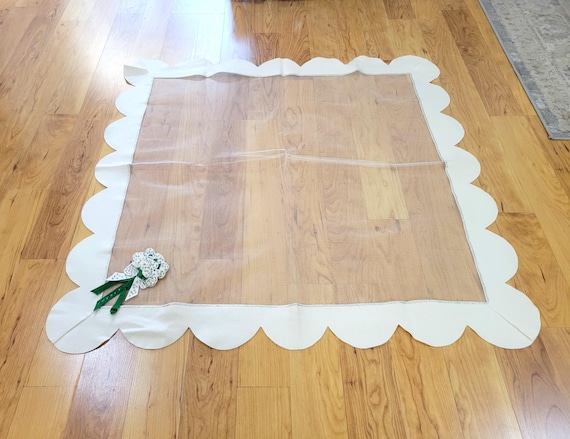 Vintage White Mesh Square Tablecloth with Felt Sequin Flower 40 x 42