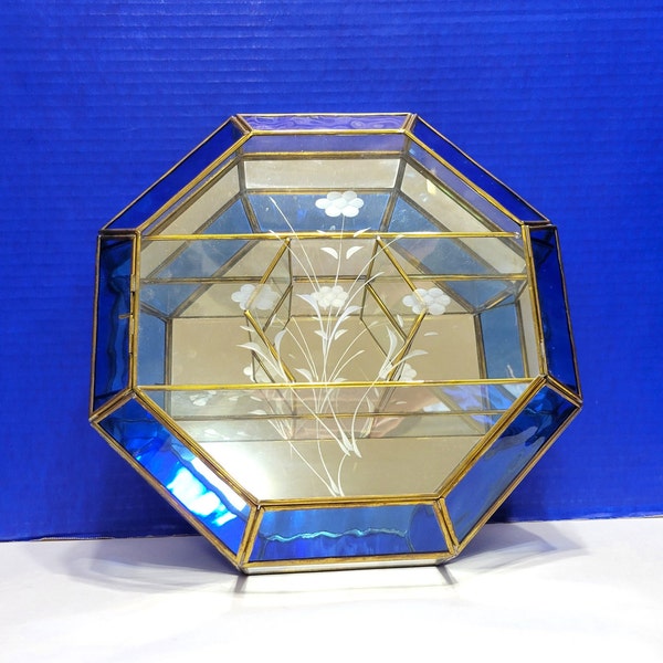 Vintage Large Octagon Brass Display Cabinet Blue Stained Glass