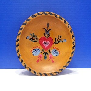 Vintage Scandinavian Wood Bowl with Rosemaling Folk Art 9&quot;