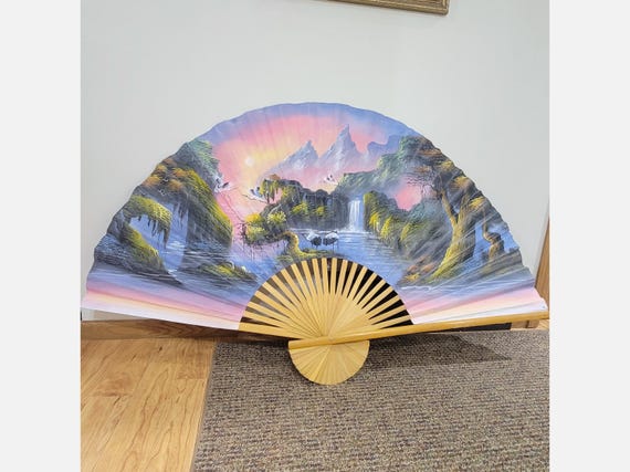 Large Vintage Asian Chinoiserie Folding Wall Fan Sunrise