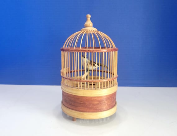 Vintage Animated Chirping Bird Toy in Wood Cage