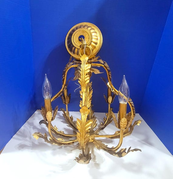 Vintage Italian Tol Gold Leaf 4 Light Chandelier Ceiling Mounted