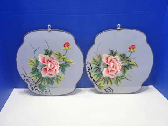 Vintage Asian Silk Embroidery Pink Flower Art Wall Hangings