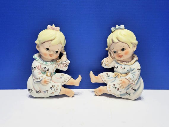 Vintage Ceramic Baby Girls Talking on Telephones Wall Plaques