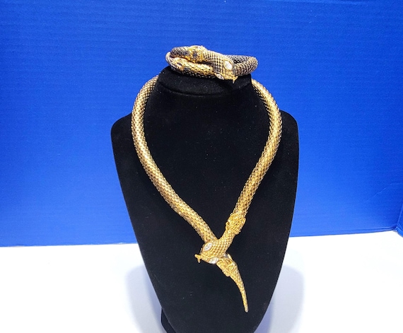 Vintage Gold Metal Mesh Snake Necklace and Bracelet Set Hong Kong