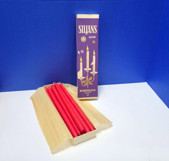 Vintage Swedish Red Wax Taper Candles in Box Set of 10