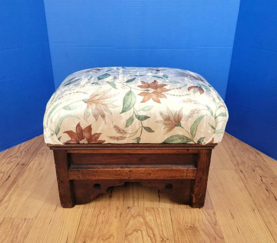 Vintage Wood Foot Stool Crushed Velvet Upholstered East Lake Style