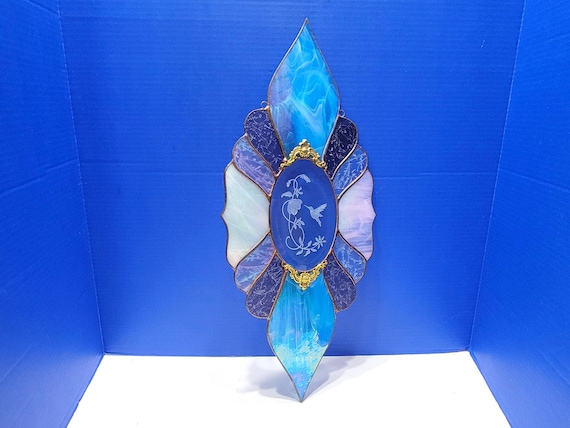 Large Vintage Oblong Blue Stained Glass Suncatcher with Etched Hummingbird